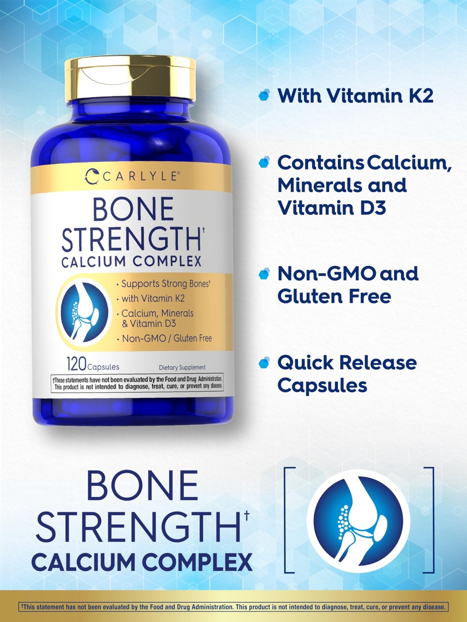 Carlyle Bone Strength Calcium Complex Supplement | with Vitamin D3, Magnesium, K2, Zinc & Boron | 120 Capsules | Non-GMO, Gluten Free - dailyvitalstore