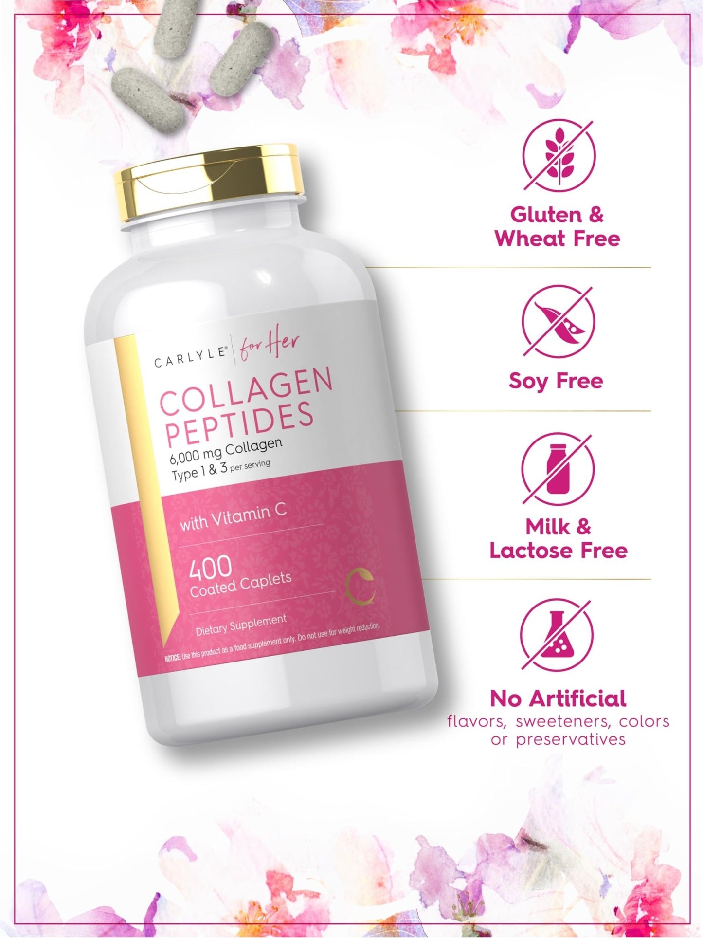 Carlyle Collagen Peptides 6000mg | 400 Caplets | with Vitamin C | Type 1 and 3 | Non-GMO, Gluten Free, Grass Fed Supplement - dailyvitalstore