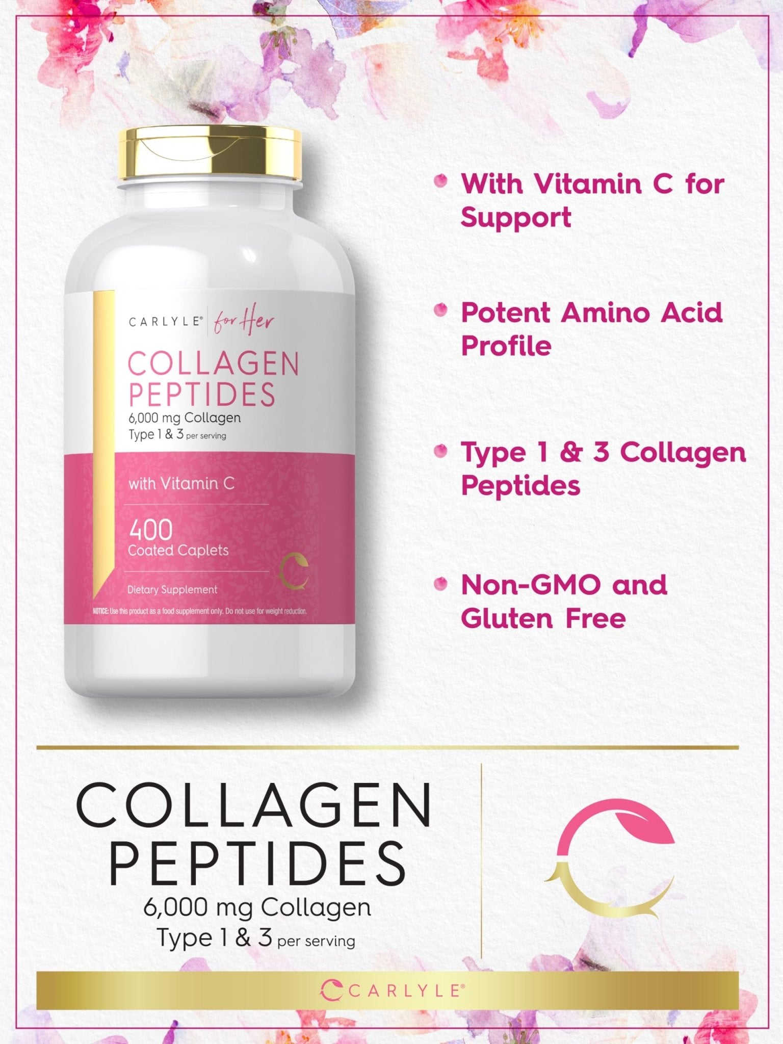 Carlyle Collagen Peptides 6000mg | 400 Caplets | with Vitamin C | Type 1 and 3 | Non-GMO, Gluten Free, Grass Fed Supplement - dailyvitalstore