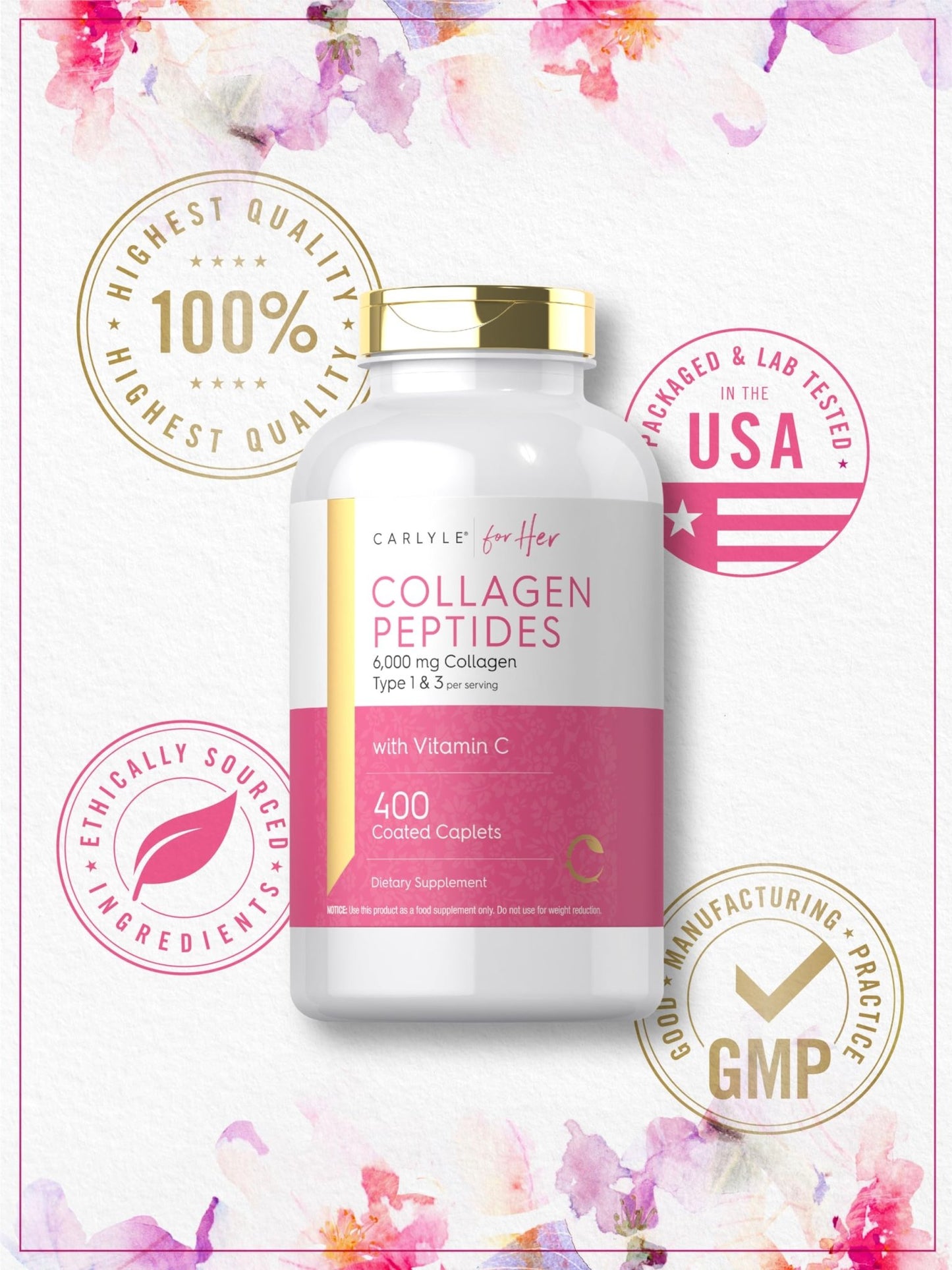 Carlyle Collagen Peptides 6000mg | 400 Caplets | with Vitamin C | Type 1 and 3 | Non-GMO, Gluten Free, Grass Fed Supplement - dailyvitalstore
