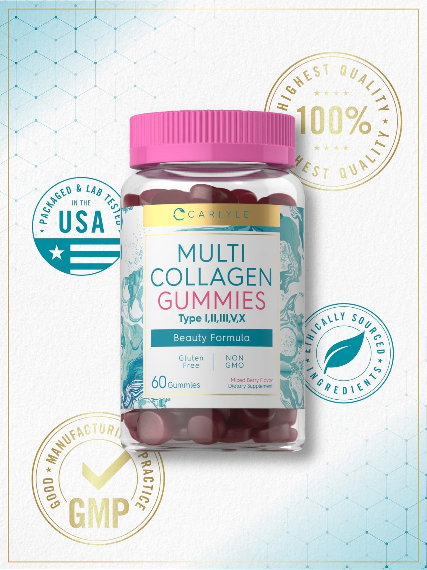 Carlyle Collagen Peptides Gummies | 60 Count | Multi Collagen Complex | Beauty Formula Supplement | Mixed Berry Flavor | Non-GMO, Gluten Free - dailyvitalstore