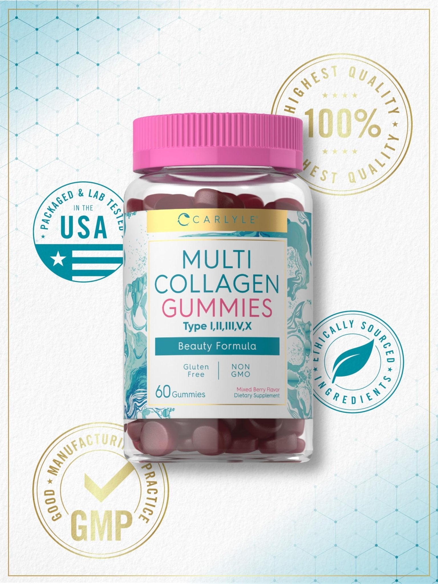 Carlyle Collagen Peptides Gummies | 60 Count | Multi Collagen Complex | Beauty Formula Supplement | Mixed Berry Flavor | Non-GMO, Gluten Free - dailyvitalstore