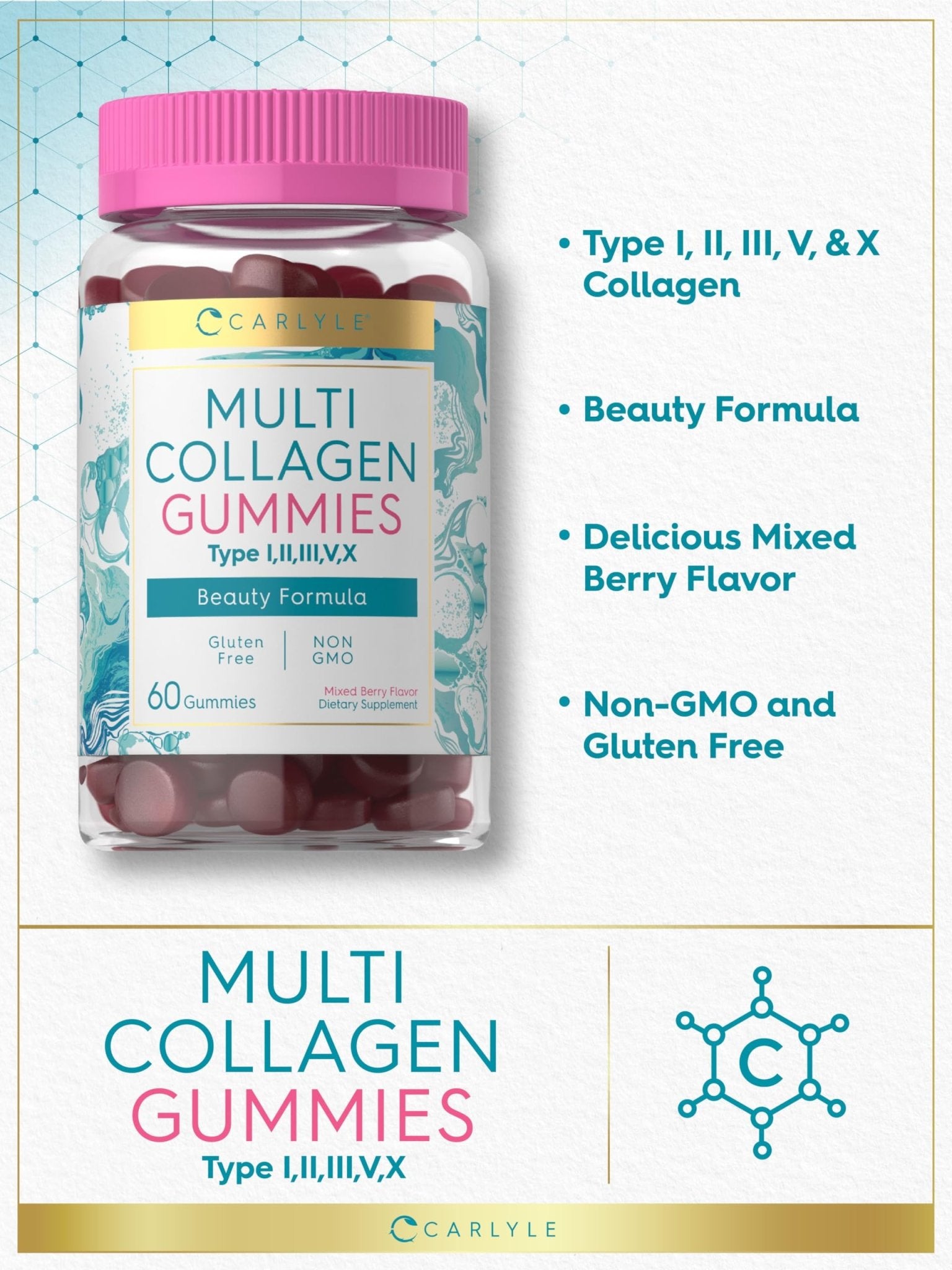 Carlyle Collagen Peptides Gummies | 60 Count | Multi Collagen Complex | Beauty Formula Supplement | Mixed Berry Flavor | Non-GMO, Gluten Free - dailyvitalstore