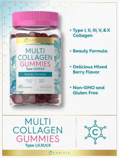 Carlyle Collagen Peptides Gummies | 60 Count | Multi Collagen Complex | Beauty Formula Supplement | Mixed Berry Flavor | Non-GMO, Gluten Free - dailyvitalstore