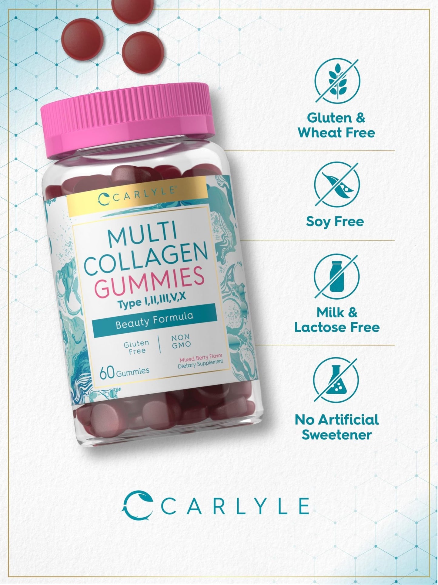 Carlyle Collagen Peptides Gummies | 60 Count | Multi Collagen Complex | Beauty Formula Supplement | Mixed Berry Flavor | Non-GMO, Gluten Free - dailyvitalstore