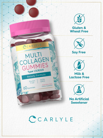 Carlyle Collagen Peptides Gummies | 60 Count | Multi Collagen Complex | Beauty Formula Supplement | Mixed Berry Flavor | Non-GMO, Gluten Free - dailyvitalstore