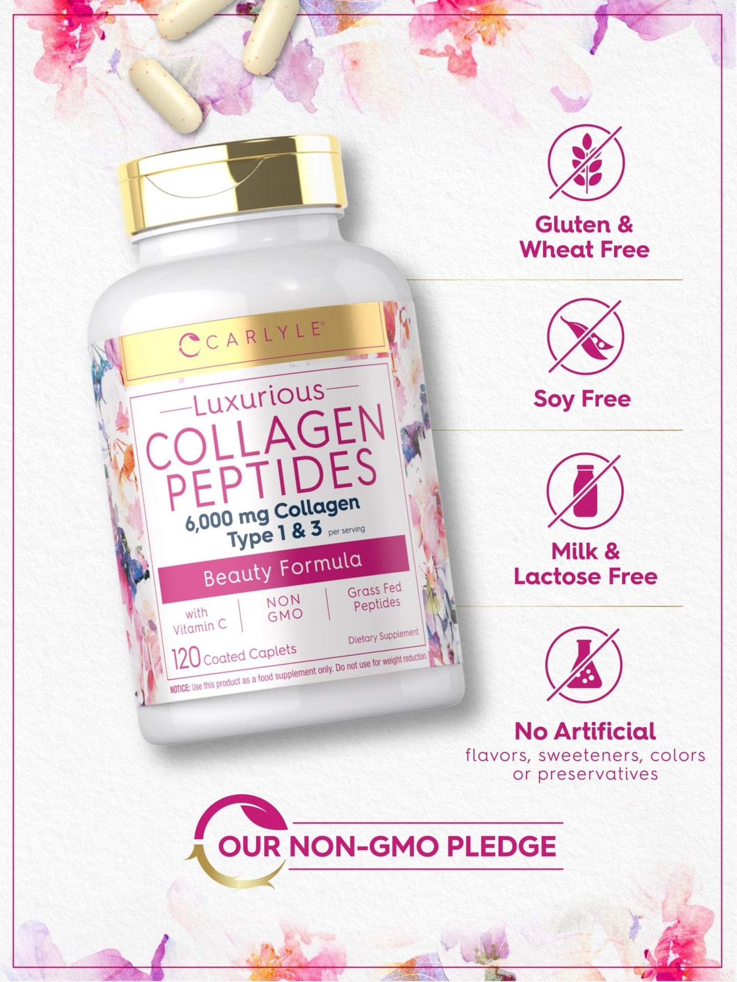 Carlyle Collagen Peptides with Vitamin C | 6000mg | 120 Caplets | Grass Fed Type II & III | Beauty Formula | Non-GMO, Gluten Free Supplement - dailyvitalstore