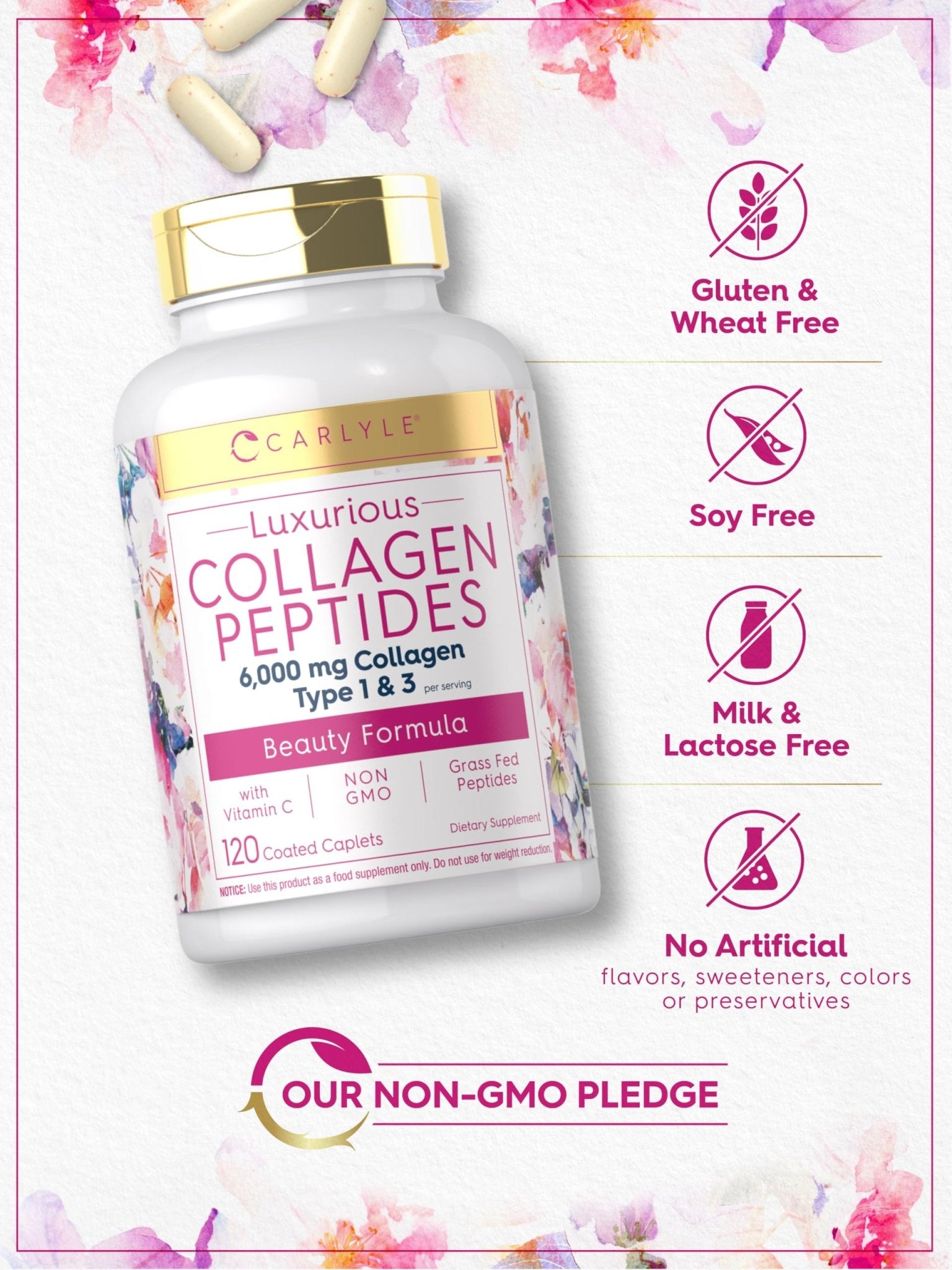 Carlyle Collagen Peptides with Vitamin C | 6000mg | 120 Caplets | Grass Fed Type II & III | Beauty Formula | Non-GMO, Gluten Free Supplement - dailyvitalstore