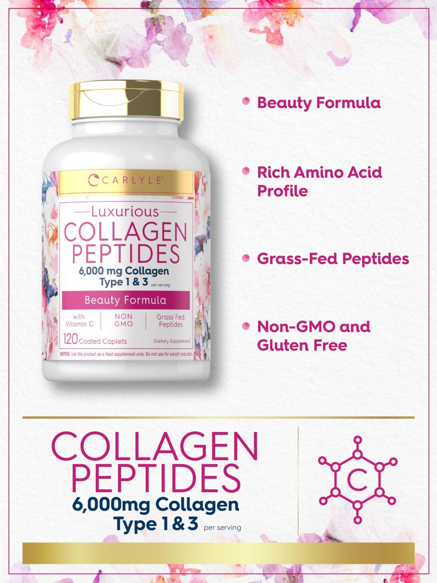 Carlyle Collagen Peptides with Vitamin C | 6000mg | 120 Caplets | Grass Fed Type II & III | Beauty Formula | Non-GMO, Gluten Free Supplement - dailyvitalstore
