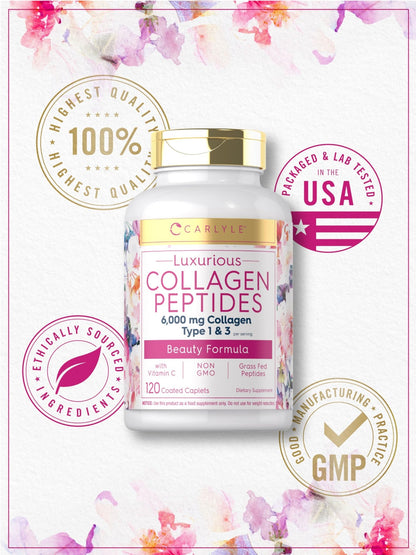Carlyle Collagen Peptides with Vitamin C | 6000mg | 120 Caplets | Grass Fed Type II & III | Beauty Formula | Non-GMO, Gluten Free Supplement - dailyvitalstore