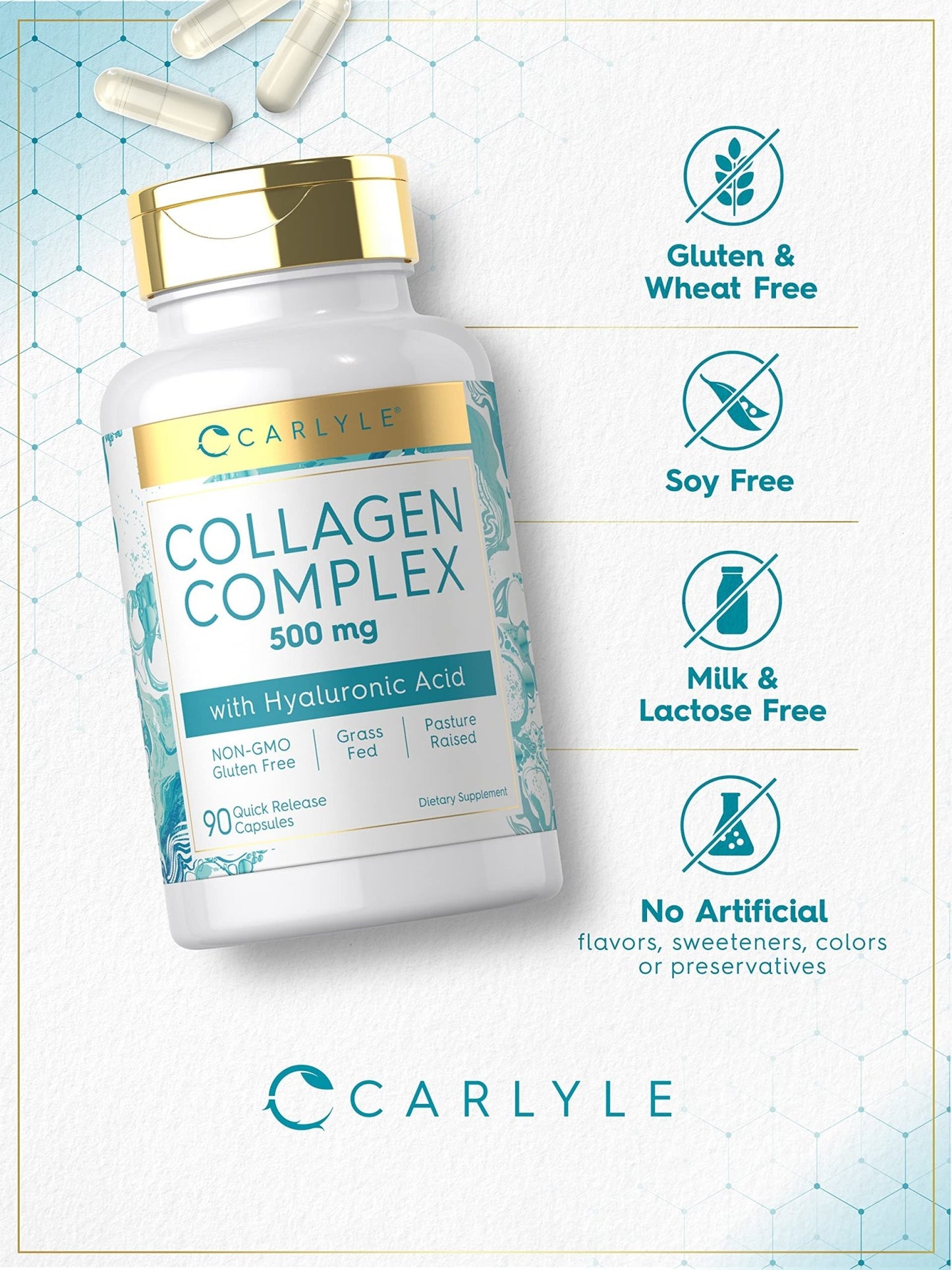 Carlyle Collagen Pills with Hyaluronic Acid | 500mg | 90 Capsules | Hydrolyzed Collagen Type 1 and 3 | Non-GMO, Gluten Free Supplement - dailyvitalstore