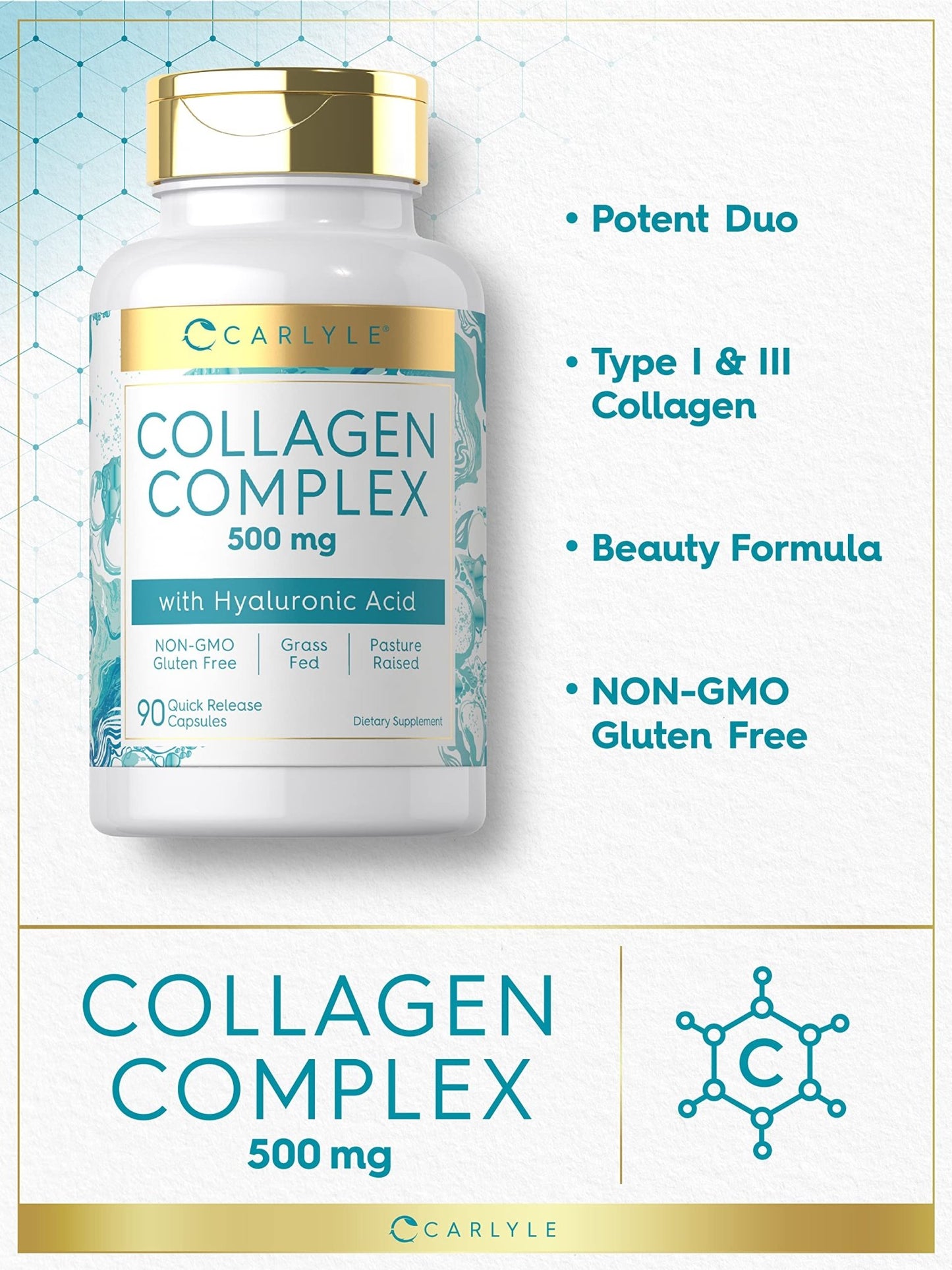 Carlyle Collagen Pills with Hyaluronic Acid | 500mg | 90 Capsules | Hydrolyzed Collagen Type 1 and 3 | Non-GMO, Gluten Free Supplement - dailyvitalstore
