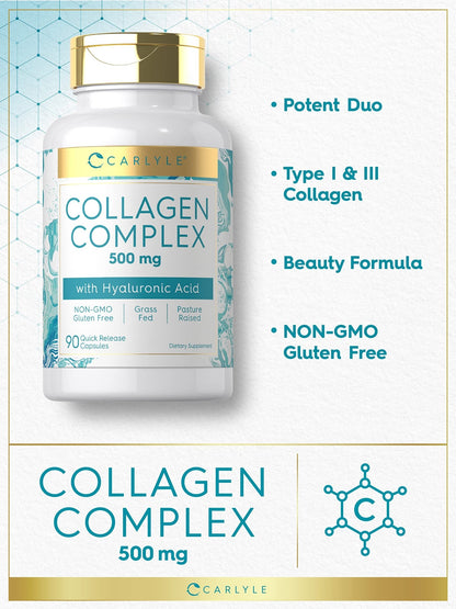 Carlyle Collagen Pills with Hyaluronic Acid | 500mg | 90 Capsules | Hydrolyzed Collagen Type 1 and 3 | Non-GMO, Gluten Free Supplement - dailyvitalstore