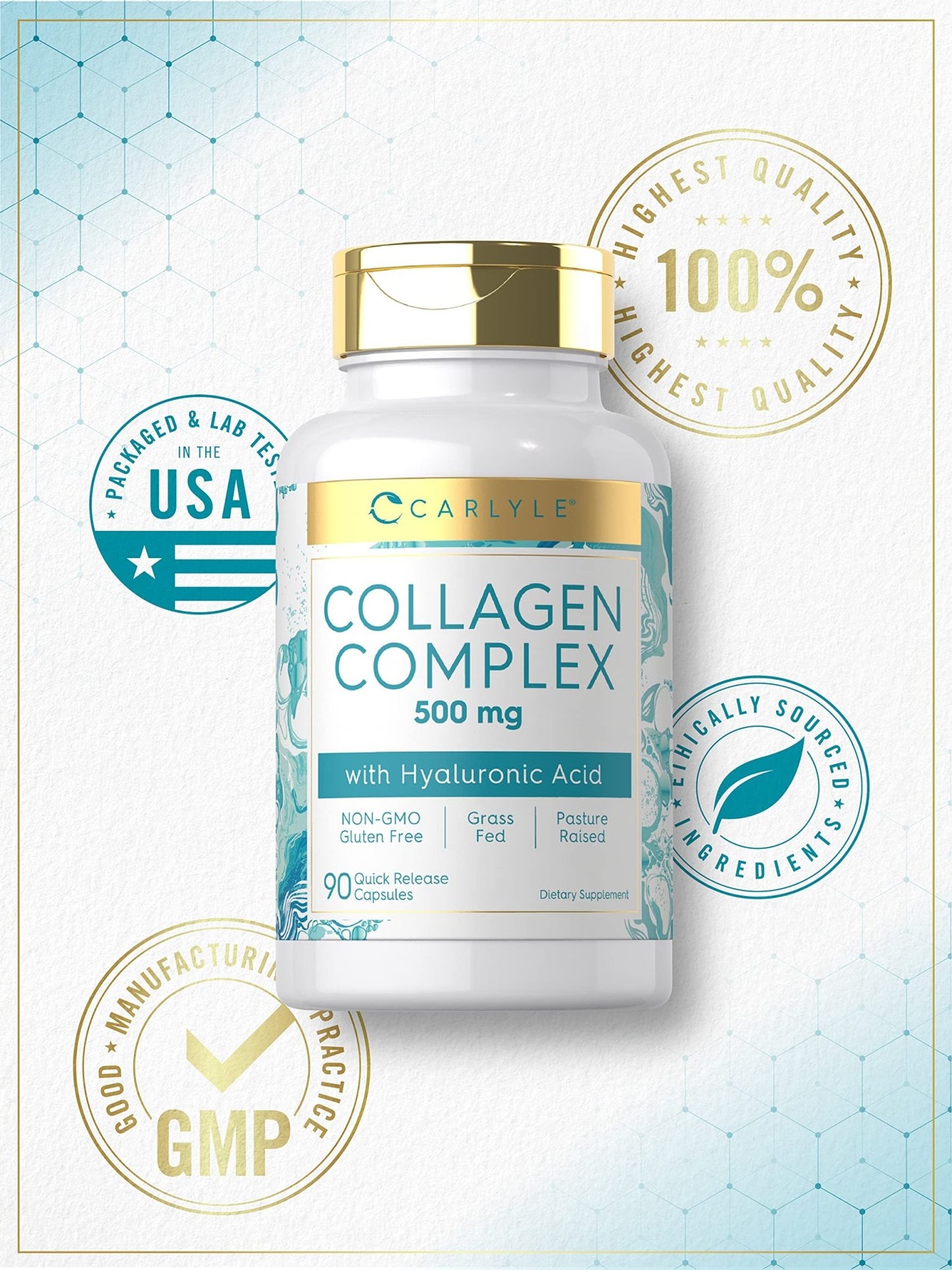 Carlyle Collagen Pills with Hyaluronic Acid | 500mg | 90 Capsules | Hydrolyzed Collagen Type 1 and 3 | Non-GMO, Gluten Free Supplement - dailyvitalstore