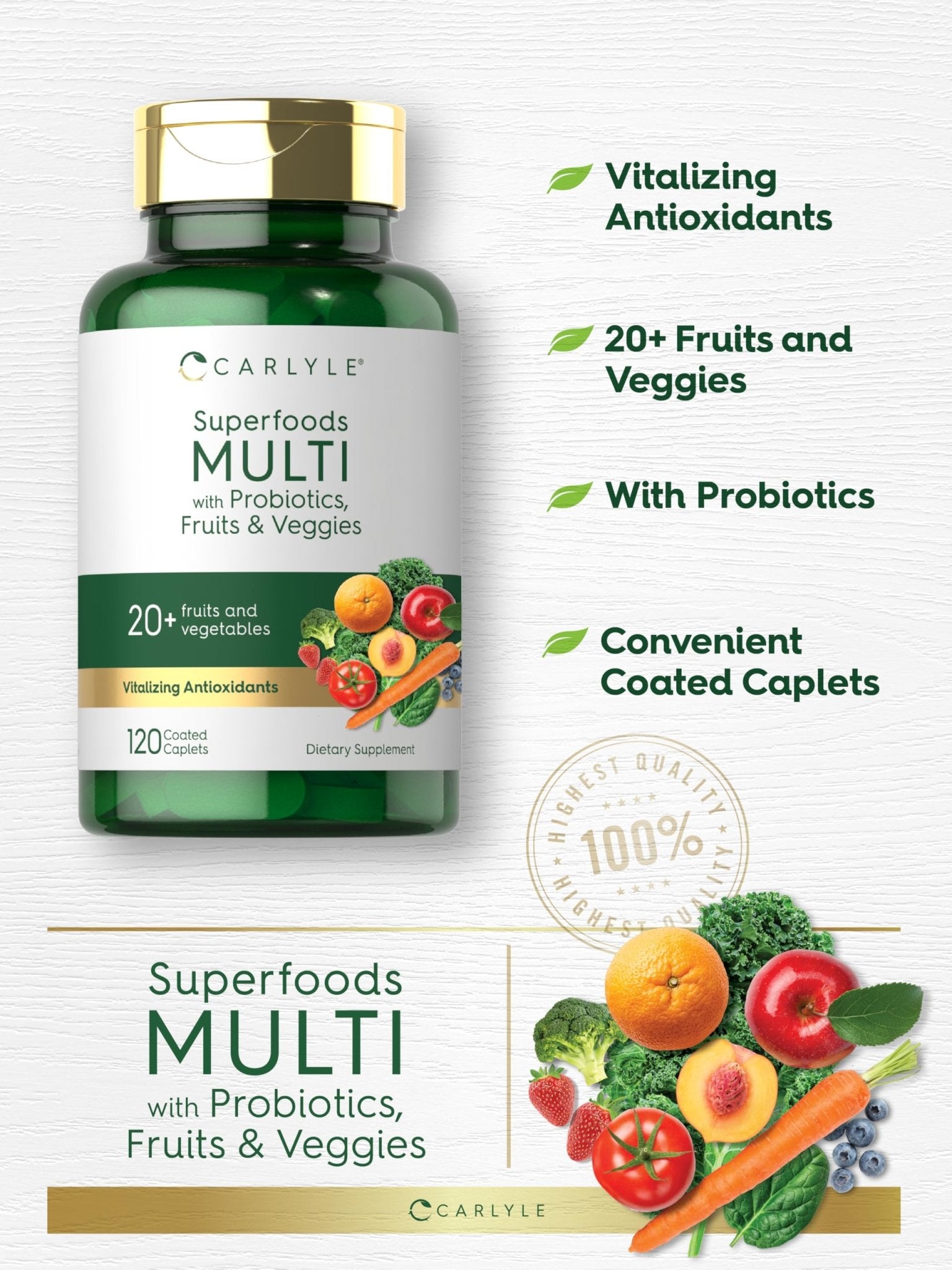 Carlyle Fruits and Veggies Supplement | 120 Count | Superfood Multivitamin with Probiotics | Made with 20 Fruits and Vegetables | Non-GMO & Gluten Free - dailyvitalstore