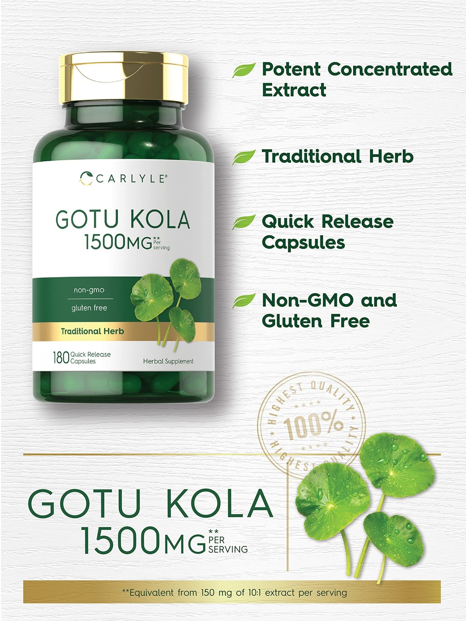 Carlyle Gotu Kola Capsules | 180 Count | Non-GMO, Gluten Free | Traditional Herb Extract - dailyvitalstore
