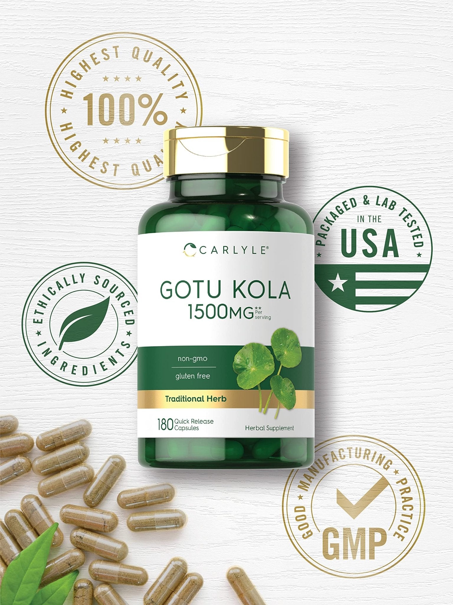 Carlyle Gotu Kola Capsules | 180 Count | Non-GMO, Gluten Free | Traditional Herb Extract - dailyvitalstore