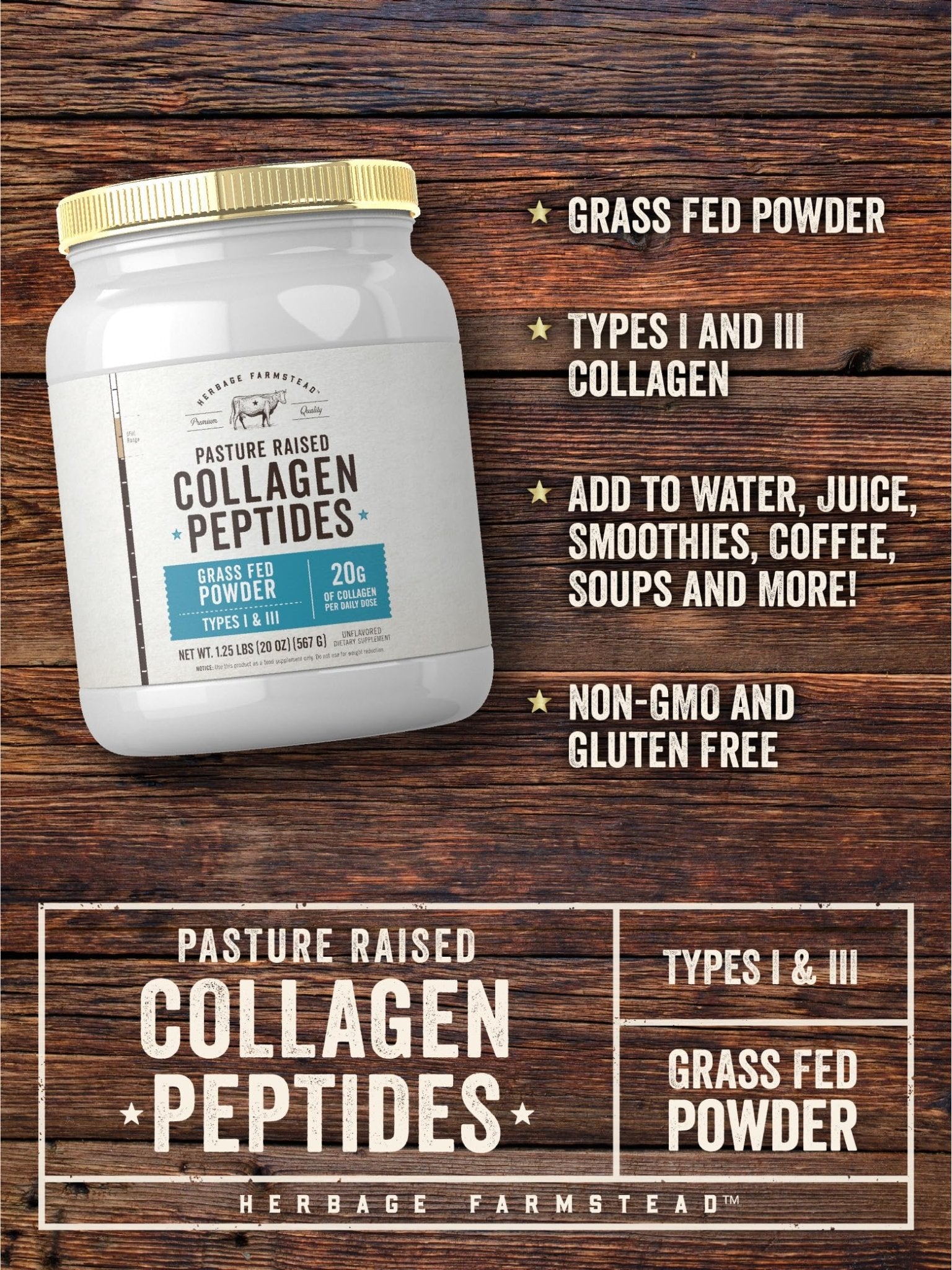 Carlyle Grass Fed Collagen Peptides Powder 20oz | Unflavored | Pasture Raised | Types I & III | 20g of Collagen Per Daily Dose | Non-GMO, Gluten Free | by Herbage Farmstead - dailyvitalstore