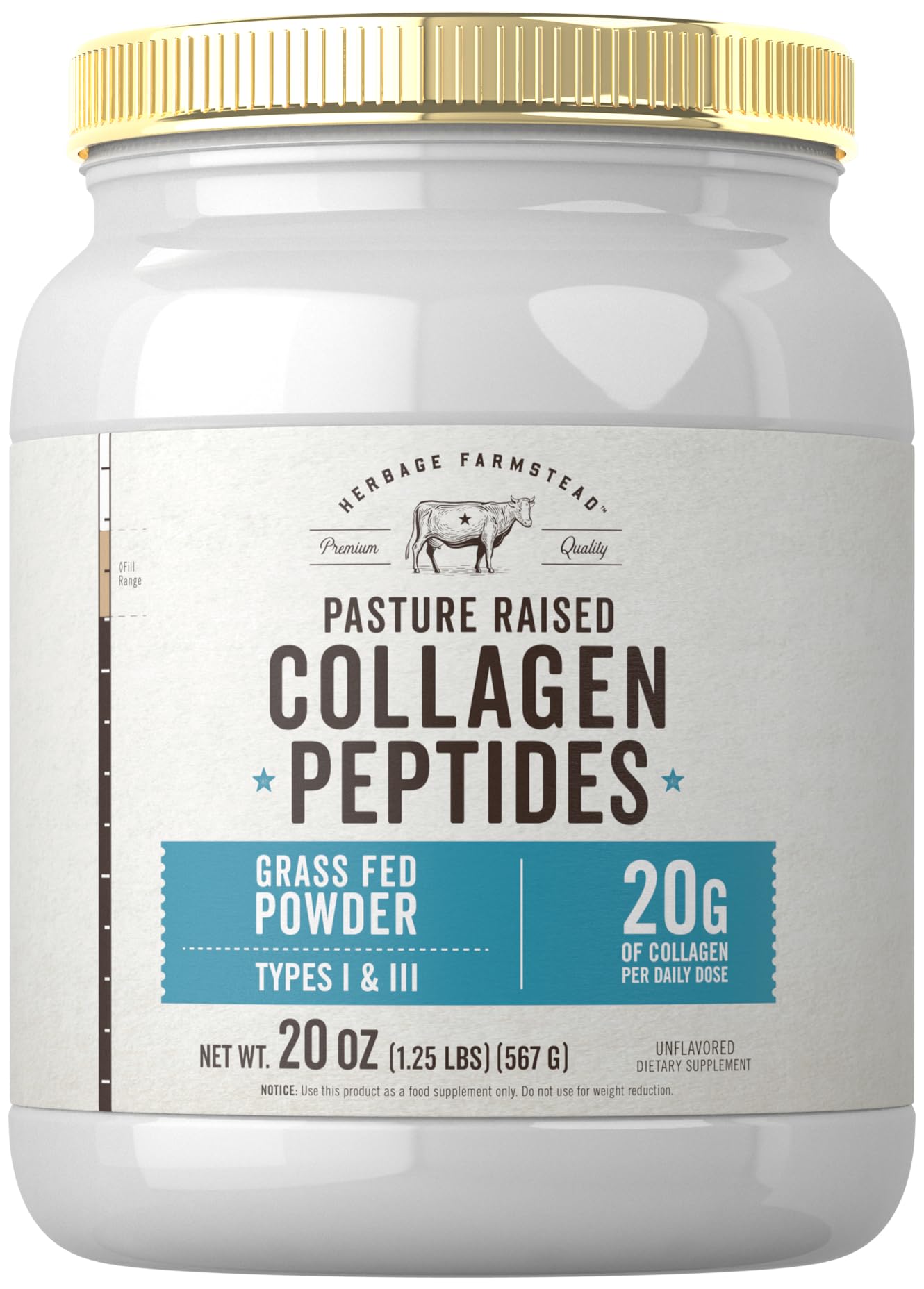 Carlyle Grass Fed Collagen Peptides Powder 20oz | Unflavored | Pasture Raised | Types I & III | 20g of Collagen Per Daily Dose | Non-GMO, Gluten Free | by Herbage Farmstead - dailyvitalstore