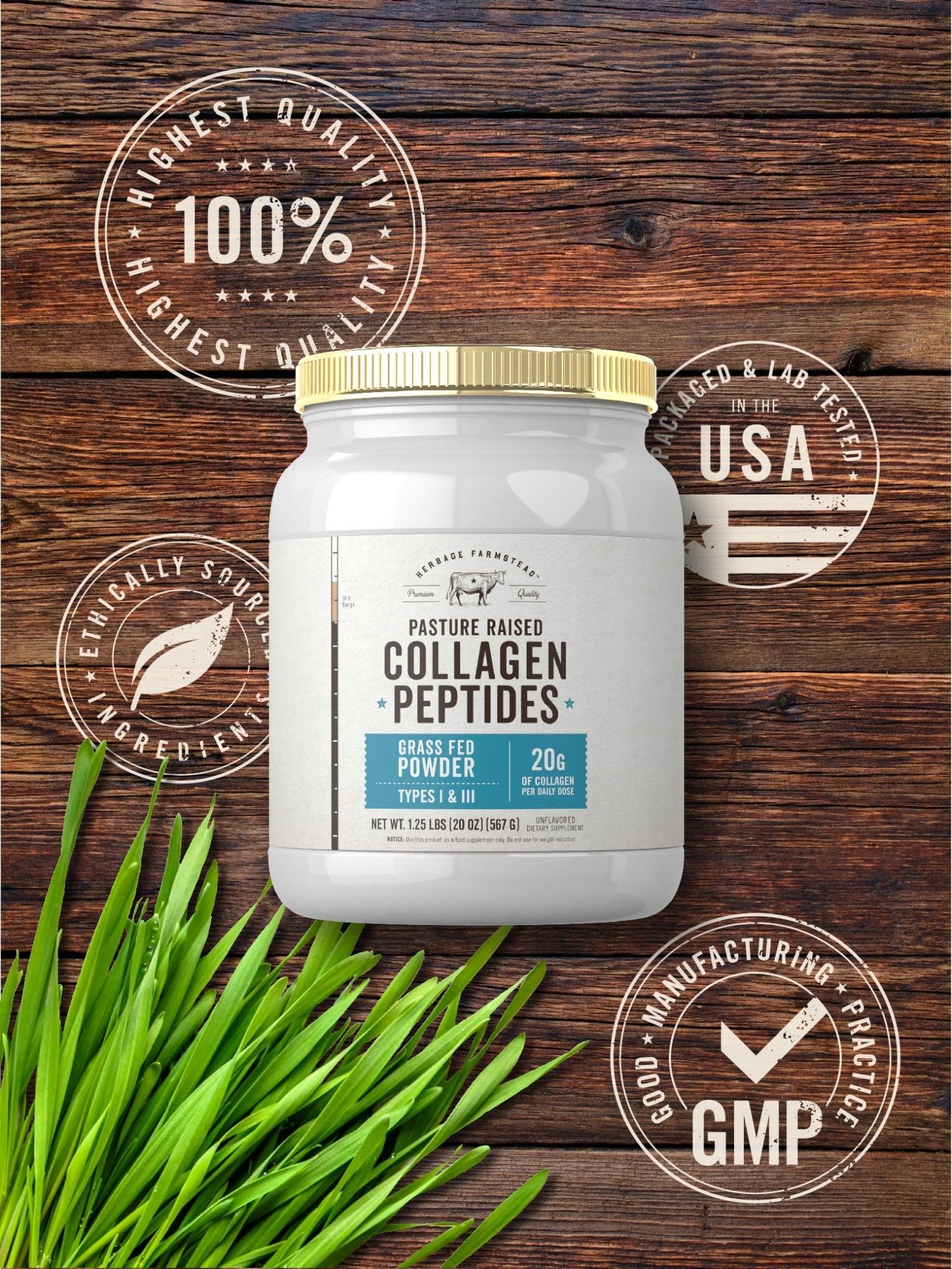 Carlyle Grass Fed Collagen Peptides Powder 20oz | Unflavored | Pasture Raised | Types I & III | 20g of Collagen Per Daily Dose | Non-GMO, Gluten Free | by Herbage Farmstead - dailyvitalstore