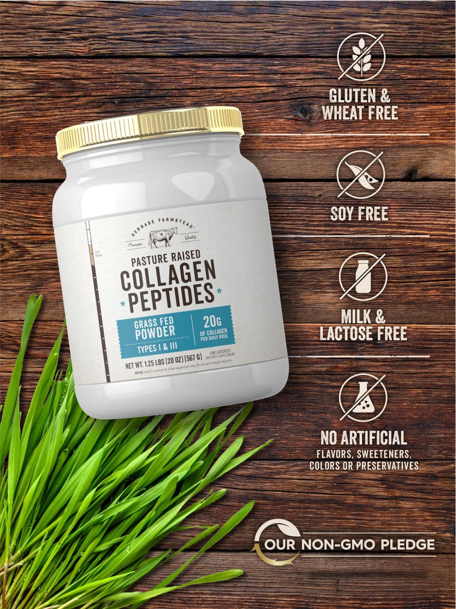 Carlyle Grass Fed Collagen Peptides Powder 20oz | Unflavored | Pasture Raised | Types I & III | 20g of Collagen Per Daily Dose | Non-GMO, Gluten Free | by Herbage Farmstead - dailyvitalstore