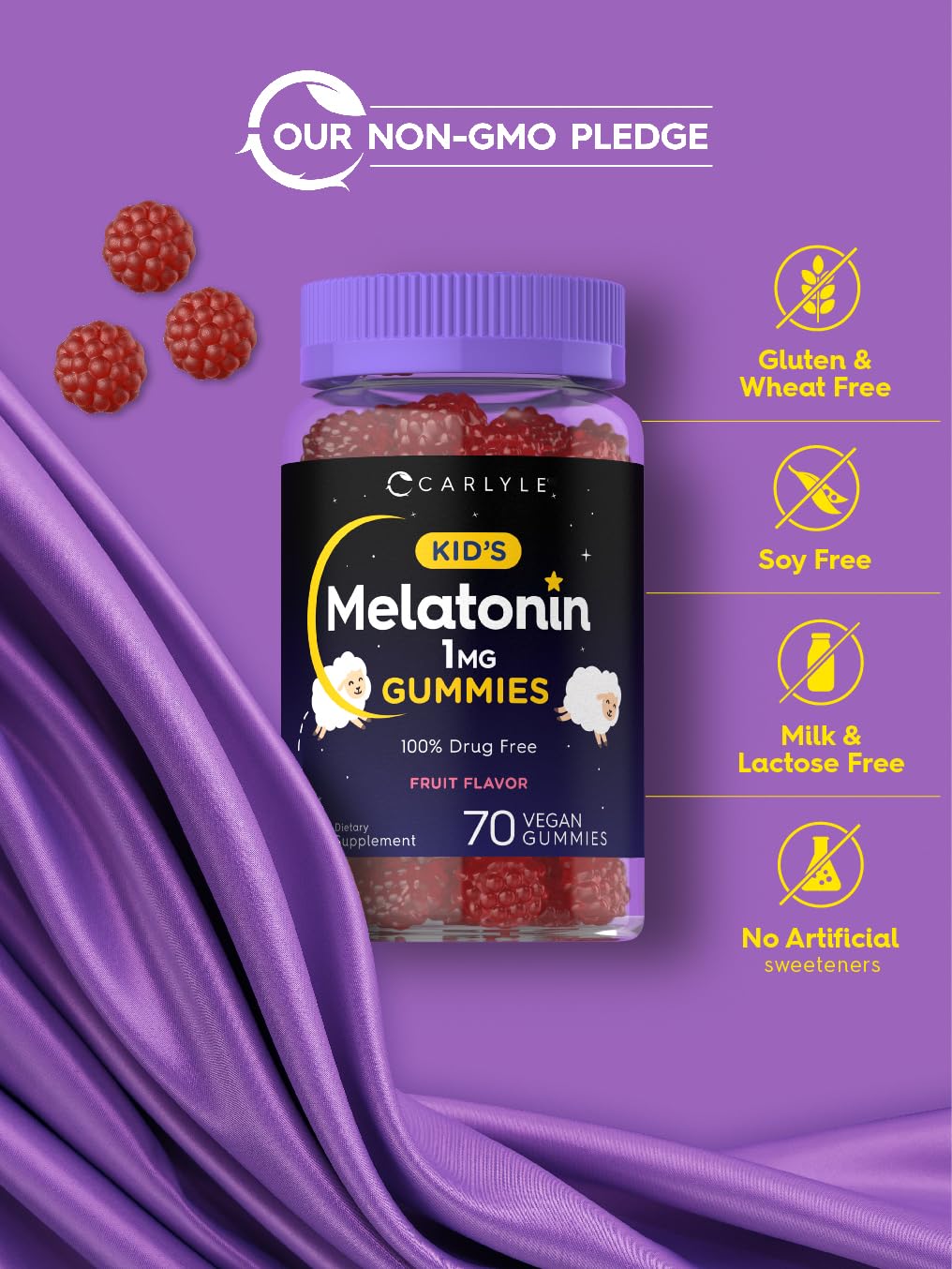 Carlyle Kids Melatonin Gummies | 1 mg 70 Count | Fruit Flavor Gummy | Vegan, Non-GMO, Gluten Free - dailyvitalstore