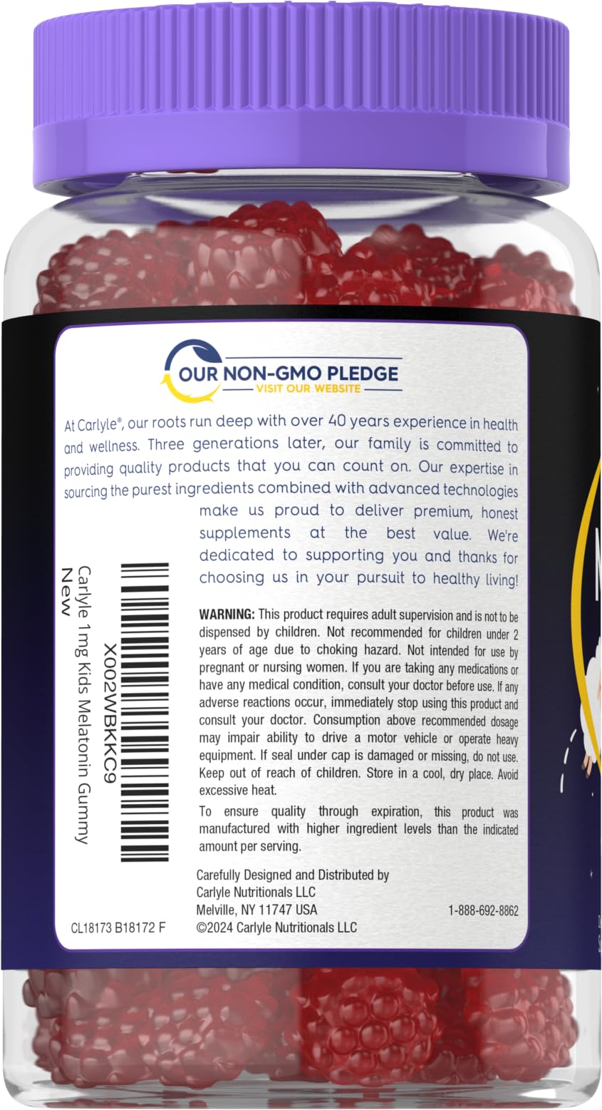 Carlyle Kids Melatonin Gummies | 1 mg 70 Count | Fruit Flavor Gummy | Vegan, Non-GMO, Gluten Free - dailyvitalstore