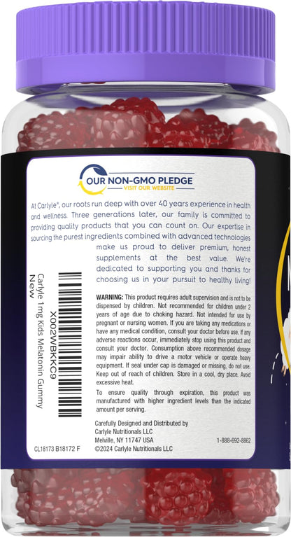 Carlyle Kids Melatonin Gummies | 1 mg 70 Count | Fruit Flavor Gummy | Vegan, Non-GMO, Gluten Free - dailyvitalstore