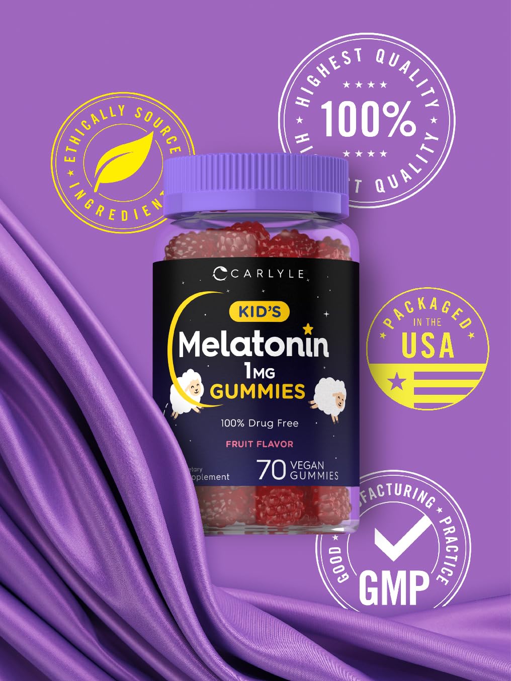Carlyle Kids Melatonin Gummies | 1 mg 70 Count | Fruit Flavor Gummy | Vegan, Non-GMO, Gluten Free - dailyvitalstore