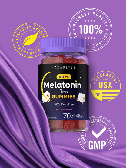 Carlyle Kids Melatonin Gummies | 1 mg 70 Count | Fruit Flavor Gummy | Vegan, Non-GMO, Gluten Free - dailyvitalstore
