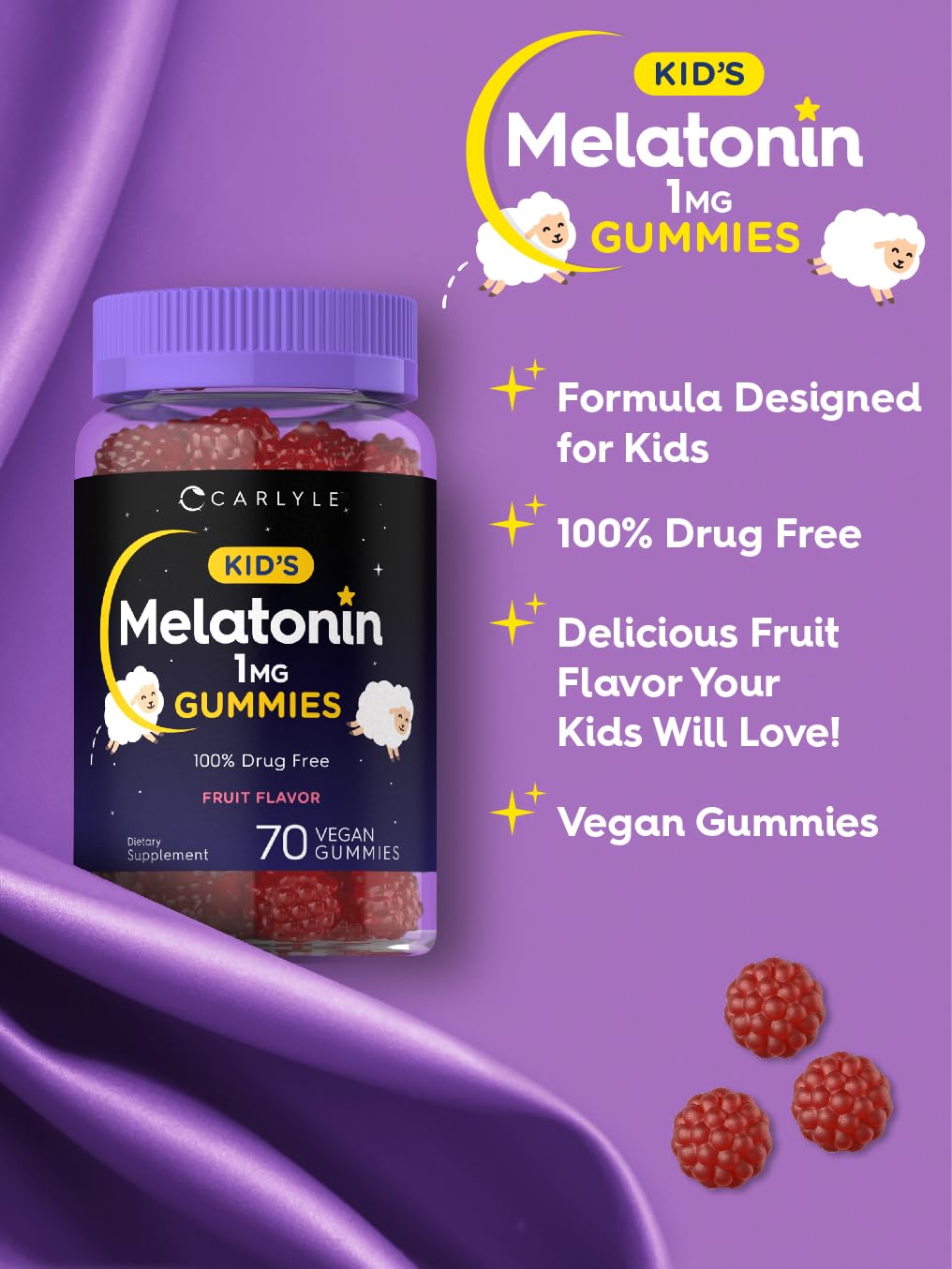 Carlyle Kids Melatonin Gummies | 1 mg 70 Count | Fruit Flavor Gummy | Vegan, Non-GMO, Gluten Free - dailyvitalstore