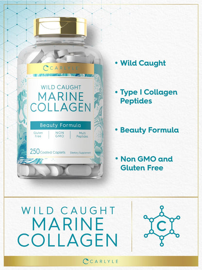 Carlyle Marine Collagen for Hair Skin and Nails | 250 Caplets | Peptides for Women and Men | Type I with Calcium | Non-GMO & Gluten Free - dailyvitalstore
