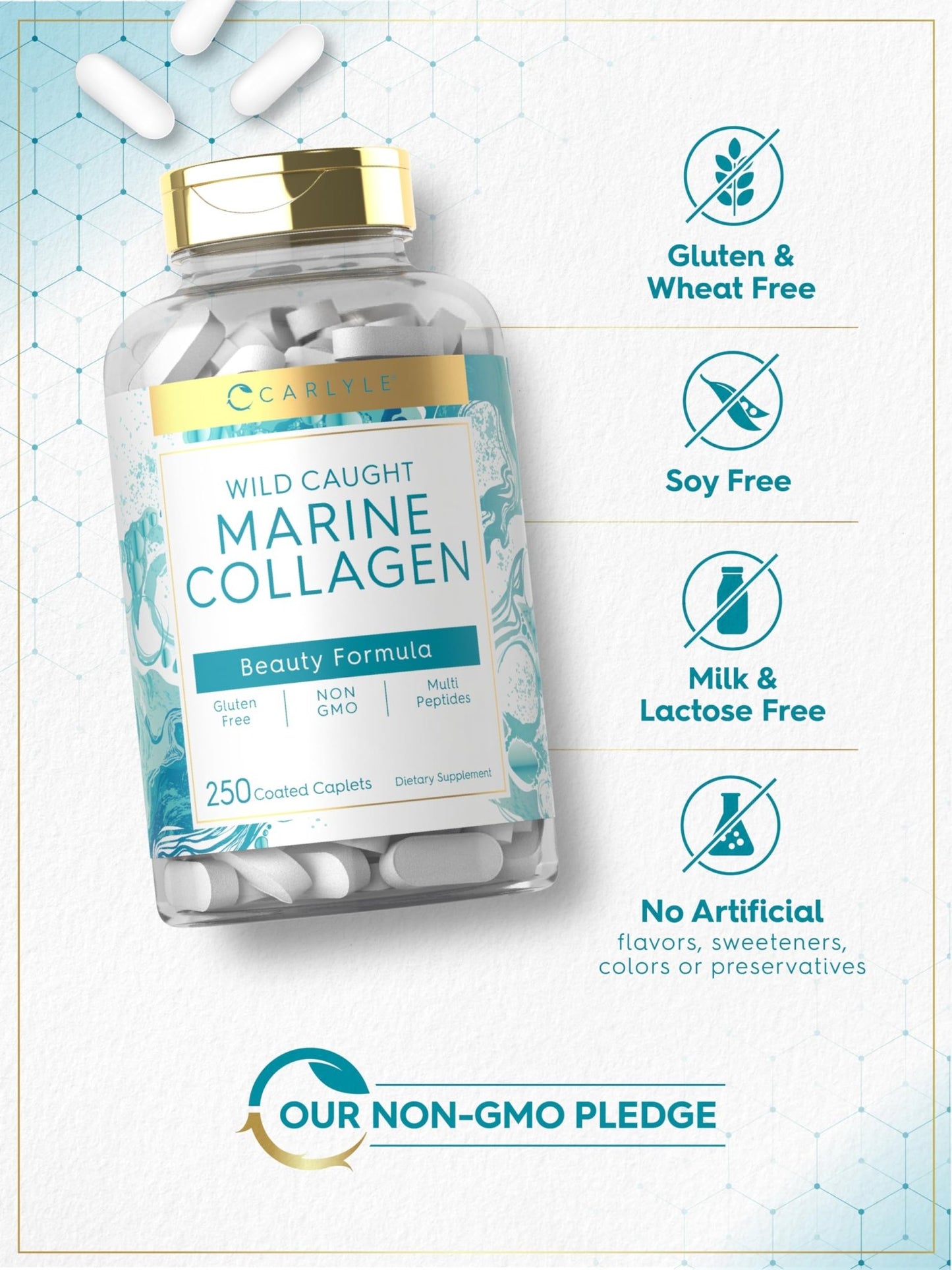 Carlyle Marine Collagen for Hair Skin and Nails | 250 Caplets | Peptides for Women and Men | Type I with Calcium | Non-GMO & Gluten Free - dailyvitalstore