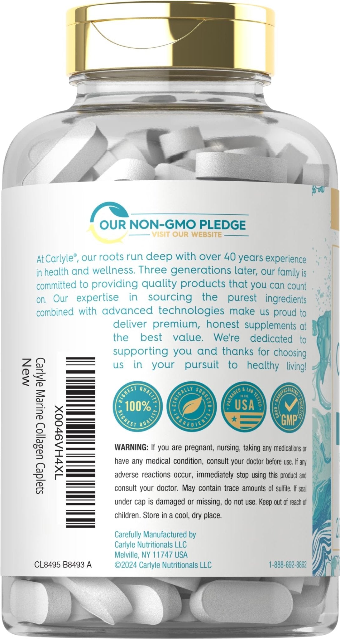 Carlyle Marine Collagen for Hair Skin and Nails | 250 Caplets | Peptides for Women and Men | Type I with Calcium | Non-GMO & Gluten Free - dailyvitalstore