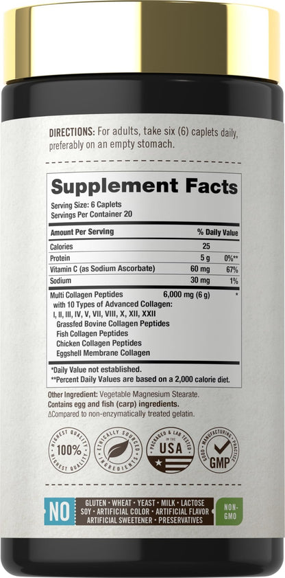 Carlyle Multi Collagen Peptides 6000mg | 120 Caplets | 10 Types of Advanced Collagen with Protein | Non-GMO, Gluten Free Supplement | by Herbage Farmstead - dailyvitalstore