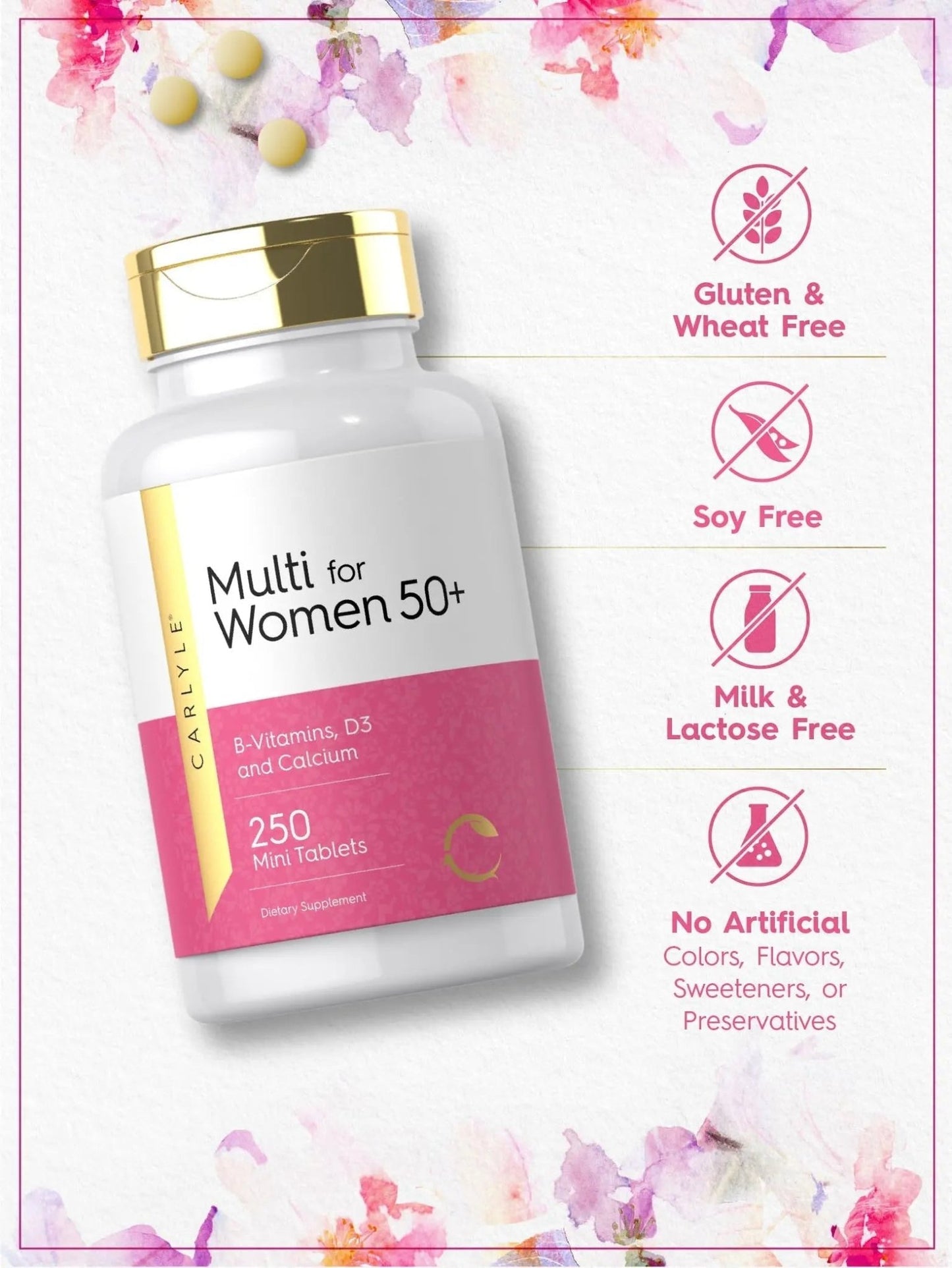 Carlyle Multivitamin for Women 50 Plus | 250 Mini Tablets | Iron Free Supplement | Vitamins A, B12, C, D3, Folate (as Folic Acid) and Calcium | - dailyvitalstore