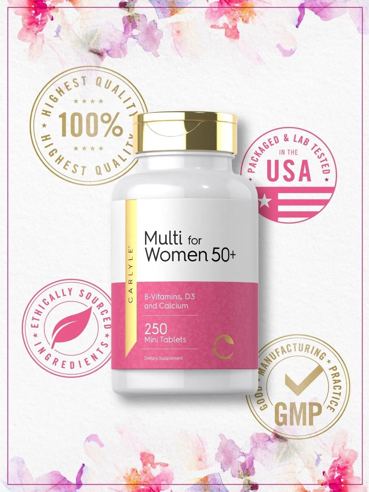 Carlyle Multivitamin for Women 50 Plus | 250 Mini Tablets | Iron Free Supplement | Vitamins A, B12, C, D3, Folate (as Folic Acid) and Calcium | - dailyvitalstore