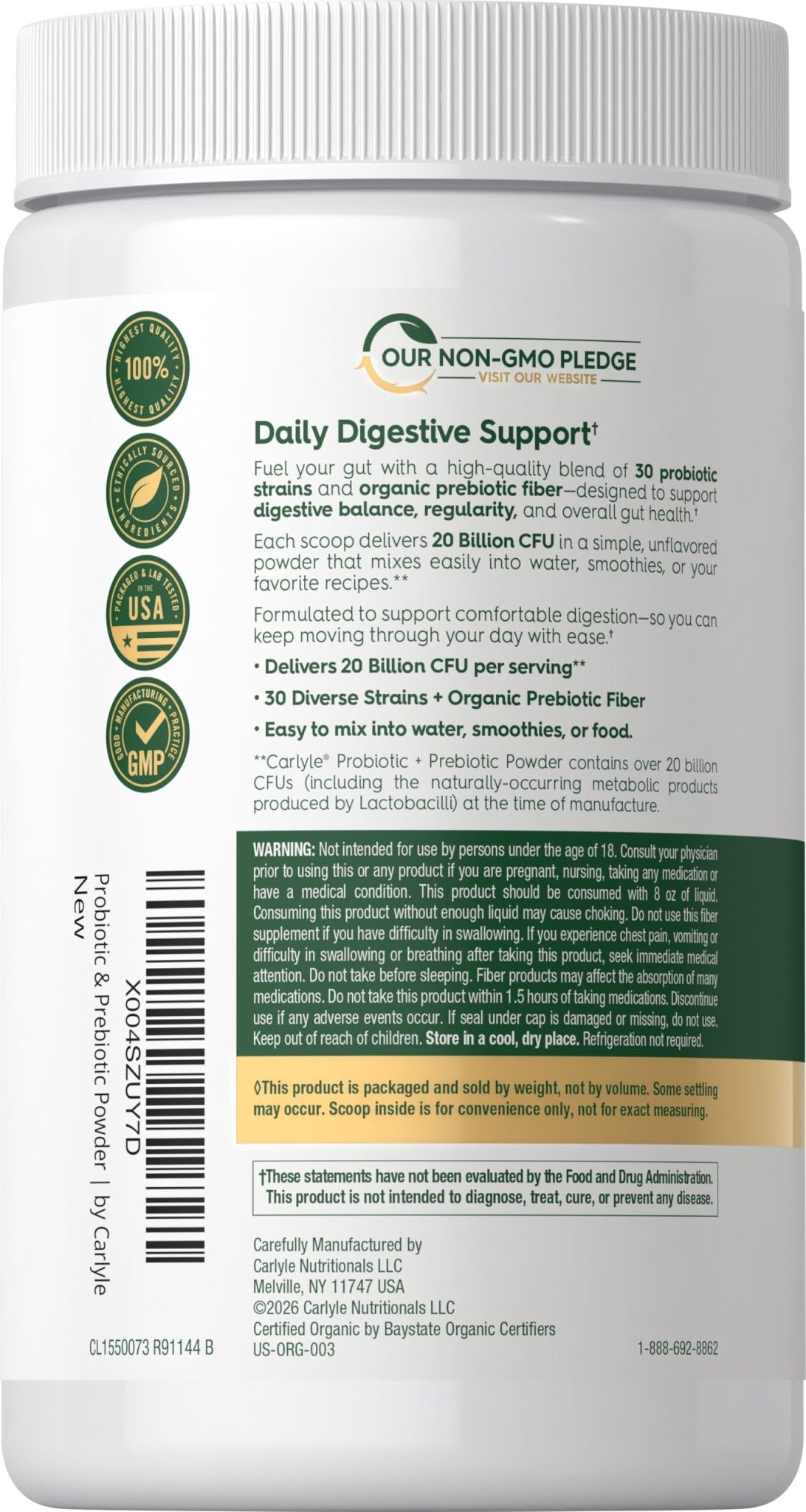 Carlyle Probiotic and Prebiotic Powder | 20 Billion CFU | 4.76 oz | Organic Fiber Blend | for Women and Men | Vegetarian, Non-GMO, - dailyvitalstore