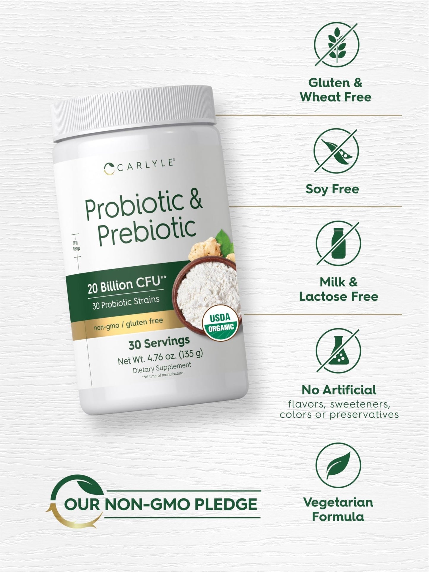 Carlyle Probiotic and Prebiotic Powder | 20 Billion CFU | 4.76 oz | Organic Fiber Blend | for Women and Men | Vegetarian, Non-GMO, - dailyvitalstore