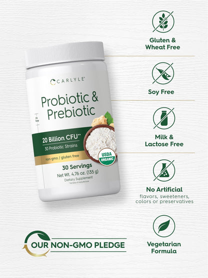 Carlyle Probiotic and Prebiotic Powder | 20 Billion CFU | 4.76 oz | Organic Fiber Blend | for Women and Men | Vegetarian, Non-GMO, - dailyvitalstore