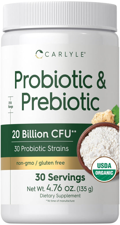 Carlyle Probiotic and Prebiotic Powder | 20 Billion CFU | 4.76 oz | Organic Fiber Blend | for Women and Men | Vegetarian, Non-GMO, - dailyvitalstore