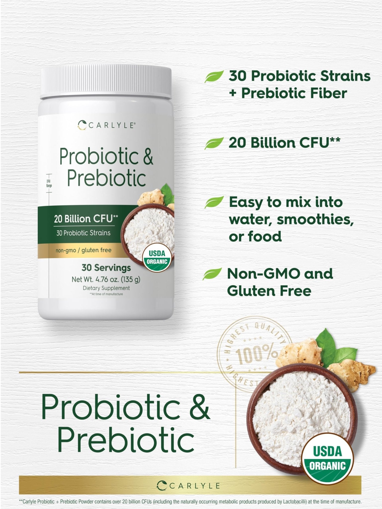 Carlyle Probiotic and Prebiotic Powder | 20 Billion CFU | 4.76 oz | Organic Fiber Blend | for Women and Men | Vegetarian, Non-GMO, - dailyvitalstore