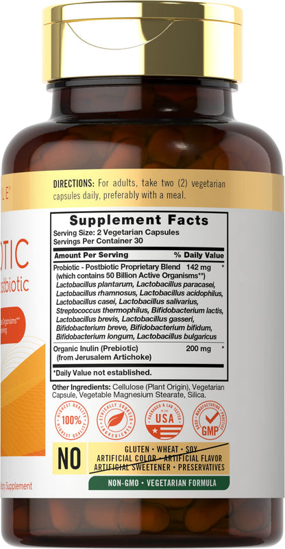 Carlyle Probiotic for Women and Men | 50 Billion CFU | 60 Capsules | Plus Prebiotic and Postbiotic | Complex Supplement | Vegetarian, Non-GMO, and Gluten Free - dailyvitalstore