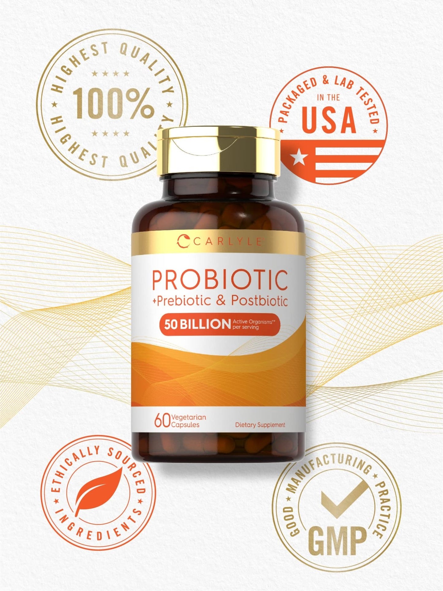Carlyle Probiotic for Women and Men | 50 Billion CFU | 60 Capsules | Plus Prebiotic and Postbiotic | Complex Supplement | Vegetarian, Non-GMO, and Gluten Free - dailyvitalstore