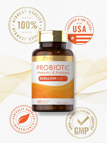 Carlyle Probiotic for Women and Men | 50 Billion CFU | 60 Capsules | Plus Prebiotic and Postbiotic | Complex Supplement | Vegetarian, Non-GMO, and Gluten Free - dailyvitalstore