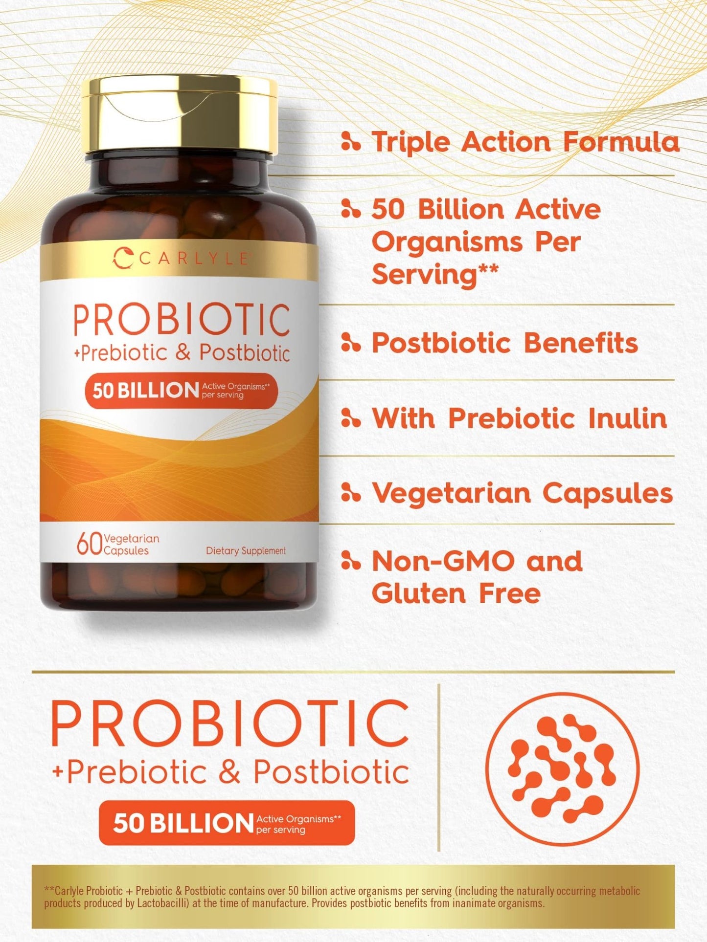 Carlyle Probiotic for Women and Men | 50 Billion CFU | 60 Capsules | Plus Prebiotic and Postbiotic | Complex Supplement | Vegetarian, Non-GMO, and Gluten Free - dailyvitalstore