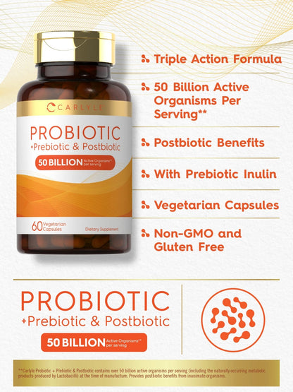 Carlyle Probiotic for Women and Men | 50 Billion CFU | 60 Capsules | Plus Prebiotic and Postbiotic | Complex Supplement | Vegetarian, Non-GMO, and Gluten Free - dailyvitalstore