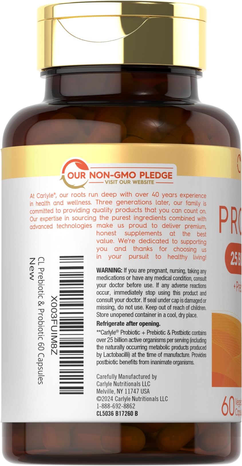 Carlyle Probiotic with Prebiotics & Postbiotics | 25 Billion CFU | 60 Capsules | Supplement for Women & Men | Powder Pills - dailyvitalstore