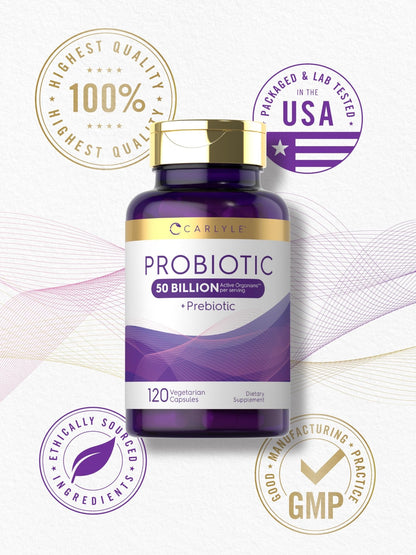 Carlyle Probiotics with Prebiotics | 120 Capsules | 50 Billion Active Organisms | Non-GMO & Gluten Free Supplement - dailyvitalstore