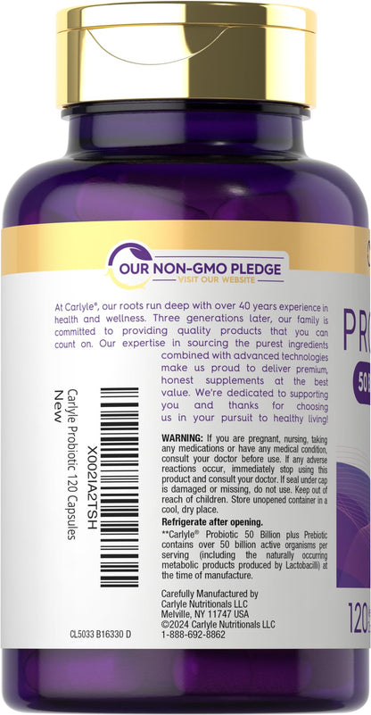 Carlyle Probiotics with Prebiotics | 120 Capsules | 50 Billion Active Organisms | Non-GMO & Gluten Free Supplement - dailyvitalstore